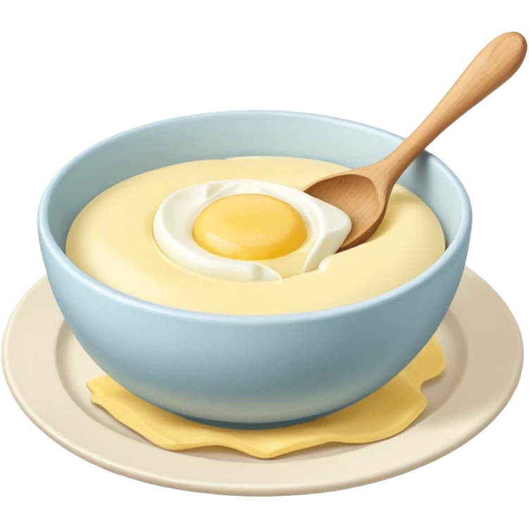 a dozen eggs, a ceramic mixing bowl with a wooden spoon and a plate of butter emoji
