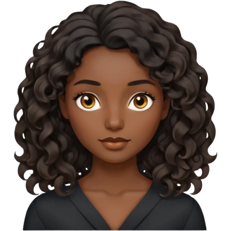this avatar of 30th year-woman has shoulder-length black wavy hair with loose curls framing the face, and a long, pointed face, black skin with golden-brown eyes and a calm, neutral expression. emoji