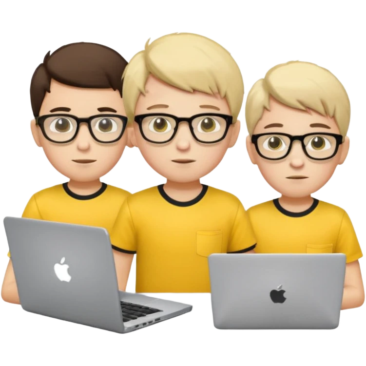 technologist using laptop coding with 2 other technologist color yellow three of it is boy  that using 3 laptop emoji