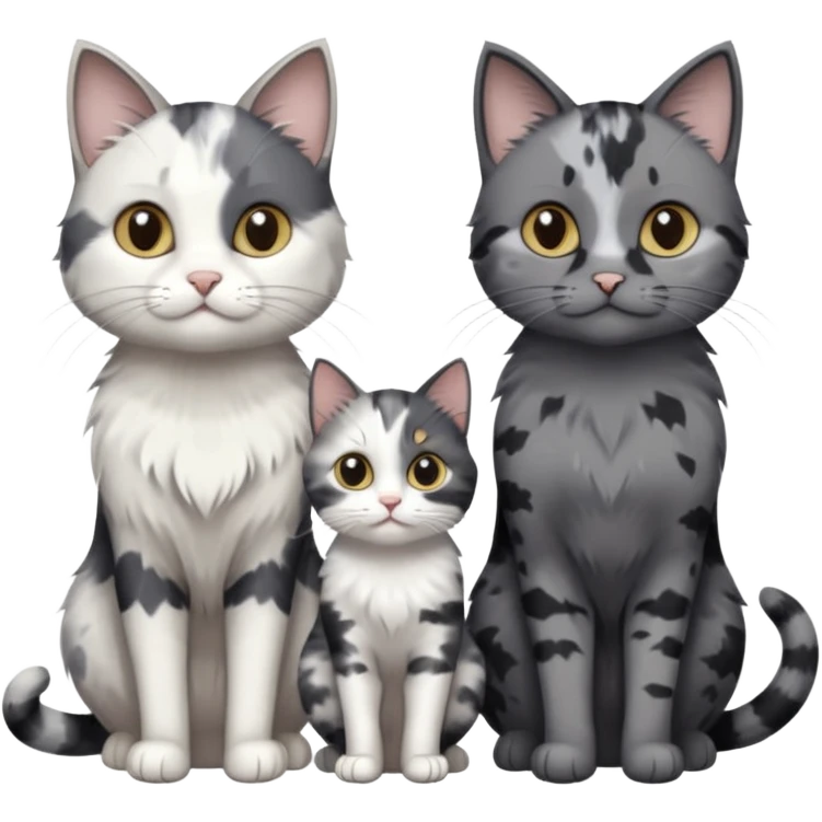 3 different coloured small cats including a dark grey and white, and a patchy calico and a completely solid dark grey with only white paws emoji