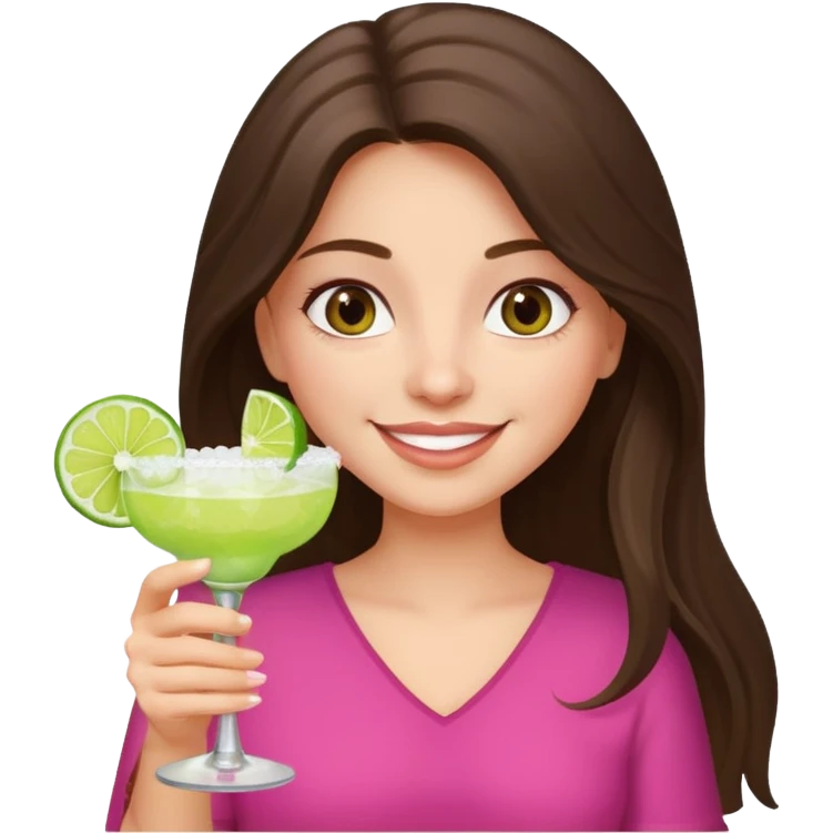 happy long haired brunette girl hazel eyes in light pink holding a margarita   emoji
