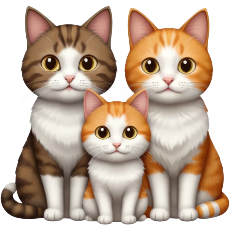 3 different coloured short haired cats including; a dark brown tabby and white cat, and a dark grey and white and a ginger and white emoji