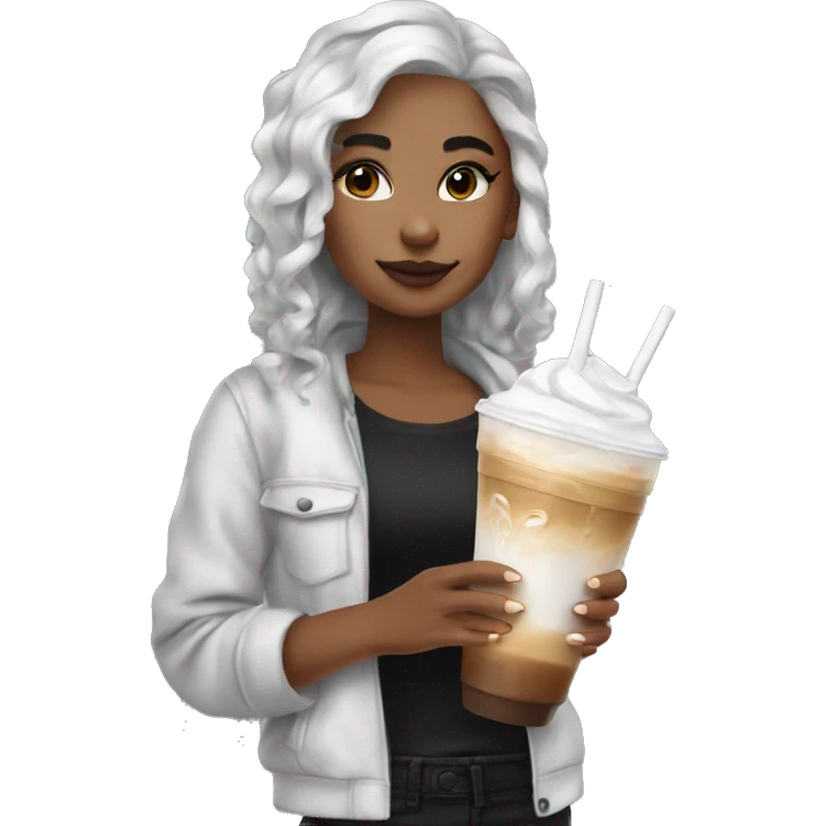 Girl with black and white split dye hair drinking an iced latte emoji