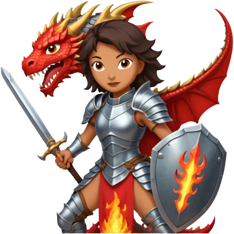 Fierce Latina in armor with a sword in a losing battle with a dragon emoji