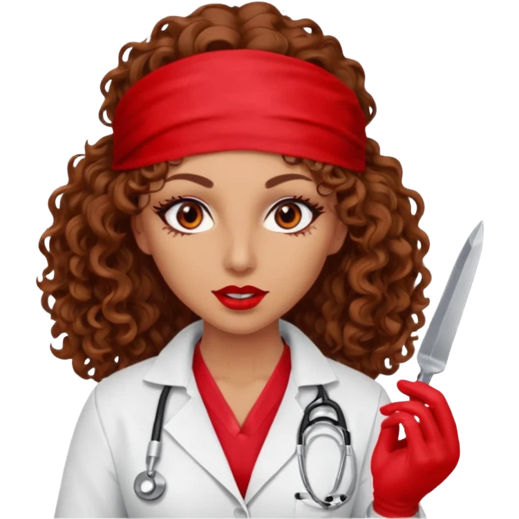 Scary woman scalpel in hand, evil surgeon sexy surgeon clothes.  She has red eyes. Her  brown long curly hair. Wears sexy doctor outfit with red gloves. Only uses red bandanna  to hide her face mouth with red bandana to hide her identity emoji