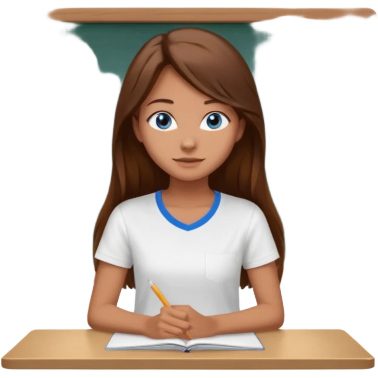 high school class room with a pretty female high school student with long brown hair, blue eyes sitting in front of the blackboard emoji