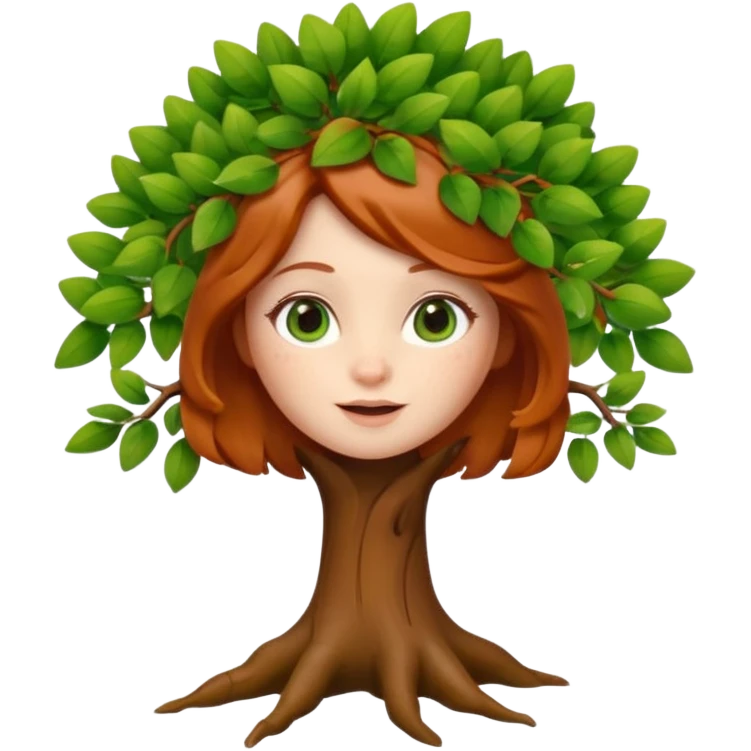 Style memoji iphone. Un petit sapin vert sylvestre, féminin, regard malicieux, tâches de rousseurs délicates, joues roses. Yeux de biche brillants en forme amande, yeux couleur ambre, tronc couleur acajou. Sapin en mouvement, incurvé pour un effet vivant. emoji