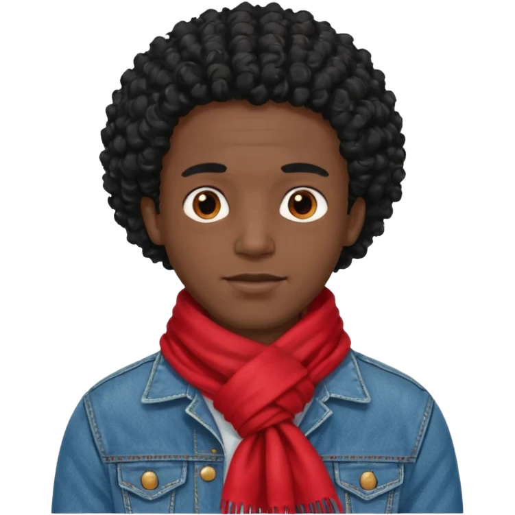 black skin man, curly black hair wear red scraft, jean jacket emoji