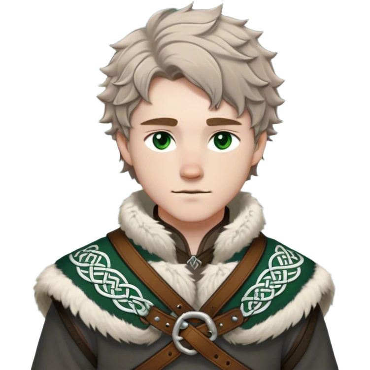 Medieval winter outfit worn by a DnD themed fantasy male character. Heavy charcoal wool tunic with arctic wolf fur lining, adorned with intricate iron clasps and a thick leather belt with celtic knotwork. Clothes only above the waist, full waist coverage. The character has no arms. Character is white-skinned with light brown hair, gray-green eyes, and short wavy hair dusted with winter's touch. emoji