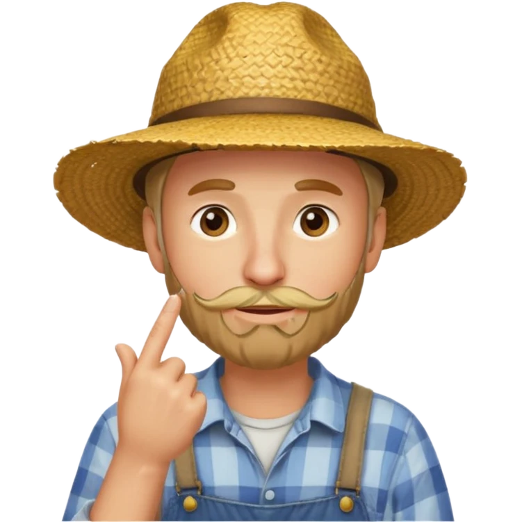 “A single emoji-style character combining 👨‍🌾😄 and 🤔: a smiling farmer man with a straw hat, friendly face, and light beard, holding one hand under his chin in a thinking gesture. His index finger rests under his face, eyes looking slightly upward as if thinking.  emoji