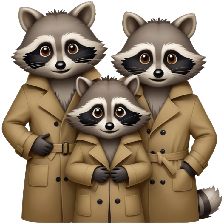 Three mischievious raccoons standing on top of each other pretending to be one person in a  single trench coat emoji