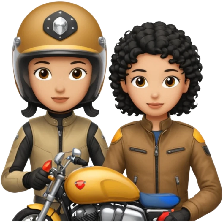 A man motorcyclist and a shorter girl with curly black hair, facing each other. emoji