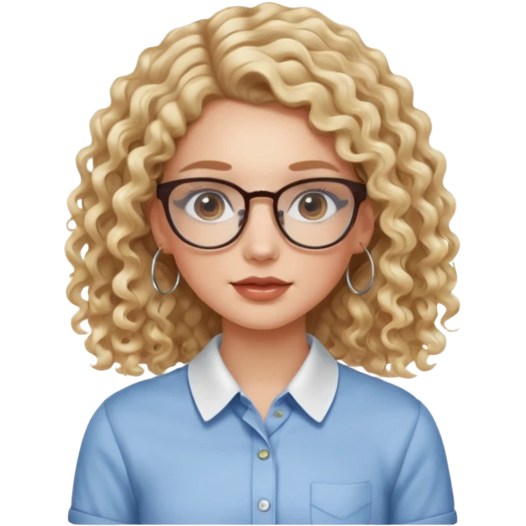 cute white girl with not volominous VERY LONG blonde curly hair with balayage, brown eyes, full lips, natural clean girl makeup and hoop earrings and square glasses, collared shirt emoji