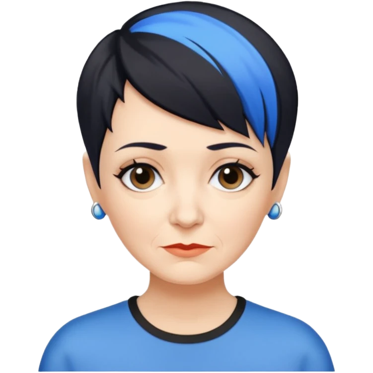 reife frau, kein kind freche extreme schwarze Kurzhaarfrisur eine Seite wirklich fast keine Haare andere Seite mit blauer Strähne kurze Seite noch viel kürzer emoji