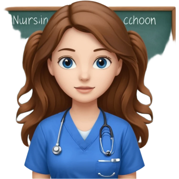 inside a classroom at university that says nursing school on the board with a pretty female nursing student with long brown hair, blue eyes emoji