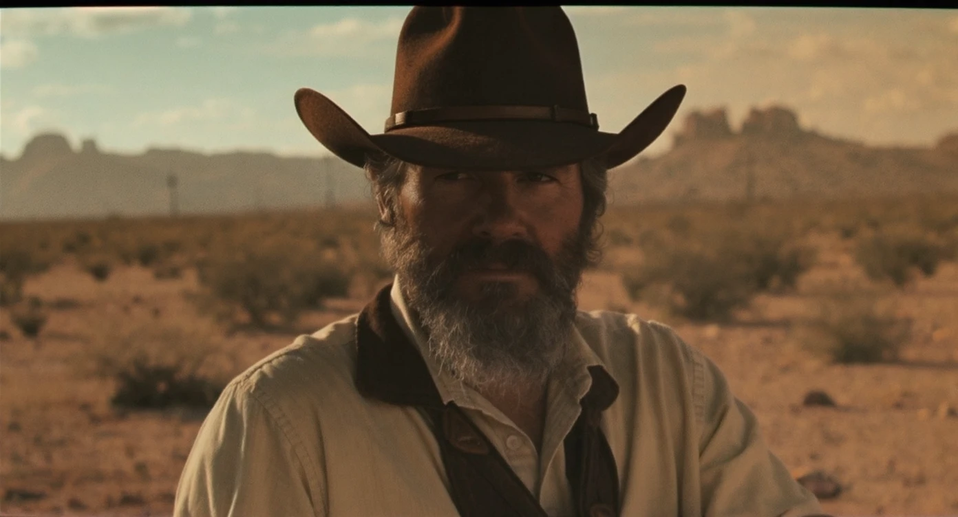 Cinematic , documentary photography, top angle medium shot, cowboy look eye brave, hard light golden hour, desert arizona, shot on IMAX Camera, 80s movie emoji