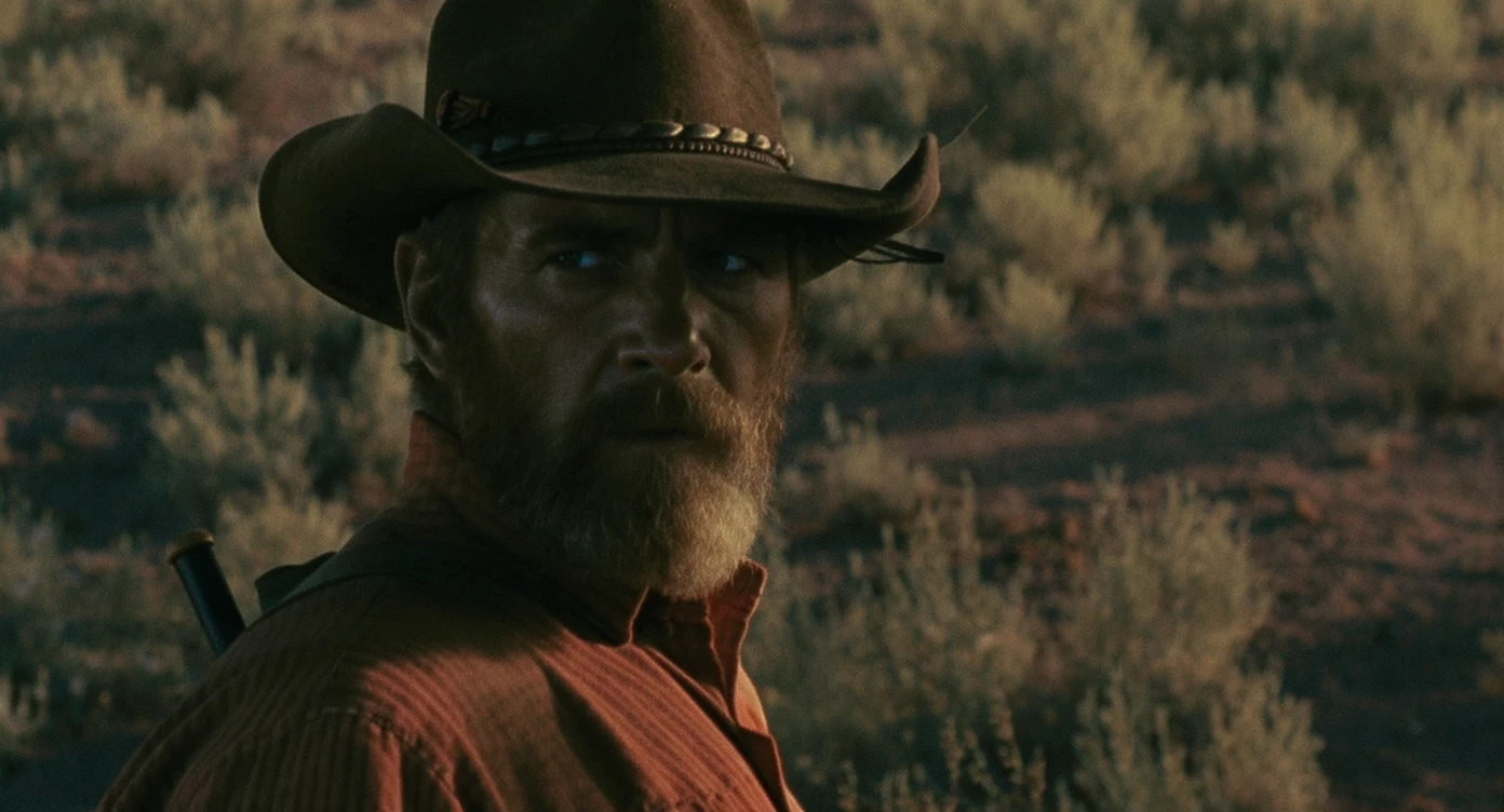 Cinematic , documentary photography, top angle medium shot, cowboy look eye brave, hard light golden hour, desert arizona, shot on IMAX Camera, 80s movie emoji