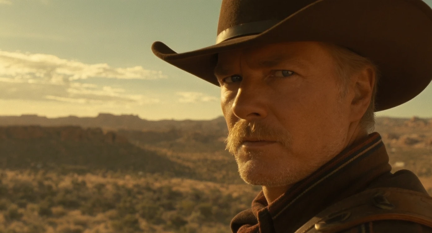 Cinematic , documentary photography, top angle medium shot, cowboy look eye brave, hard light golden hour, desert arizona, shot on IMAX Camera, 80s movie emoji