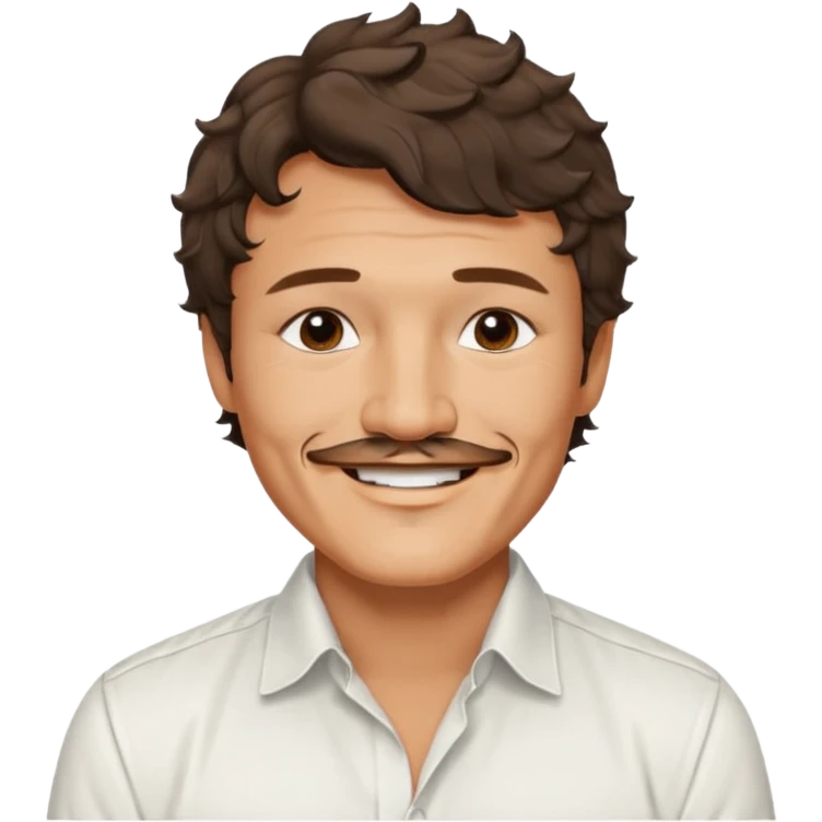 Pedro pascal looking really steamy and sexy smiling in an opened white button down shirt with perfect ringlets short hair emoji