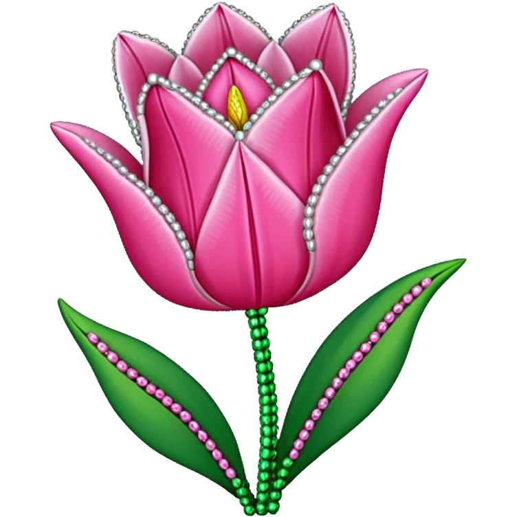 french beaded pink tulip flower with 2 leaves, handmade with glass beads, no background emoji