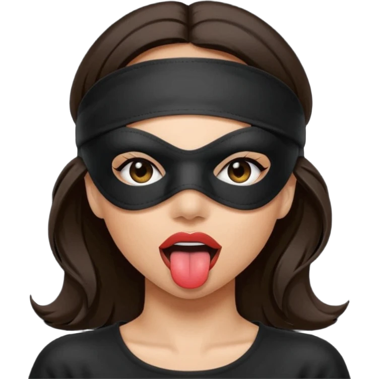 woman with dark brown hair wearing black blind fold completely covering her eyes. tongue out emoji