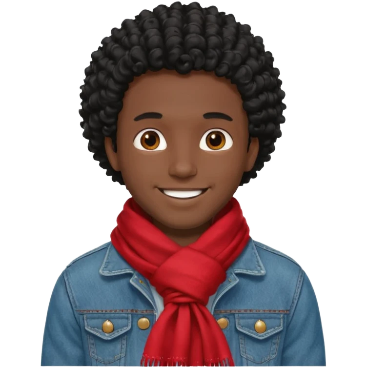 black skin man, curly black hair wear big red scraft, jean jacket emoji