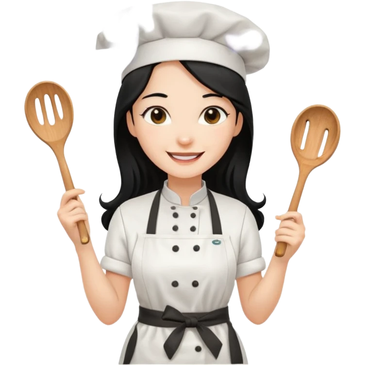 조리도구 든 대사관하얀 검정 긴머리 여자요리사 emoji