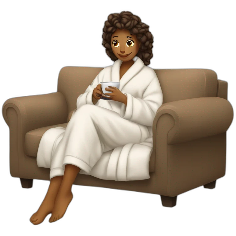 Woman on couch in bathrobe and slippers curling up clutching a coffee emoji
