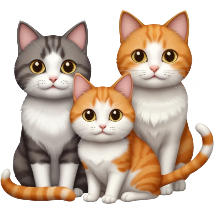 3 different coloured short haired cats including; a dark brown tabby and white cat, and a dark grey and white and a ginger and white emoji
