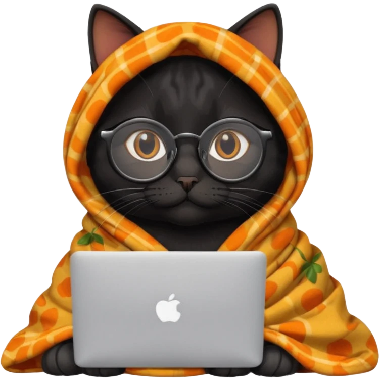 A black female cat working on a MacBook, with round frames and thin glasses, and she wears a blanket with an orange fruit pattern emoji