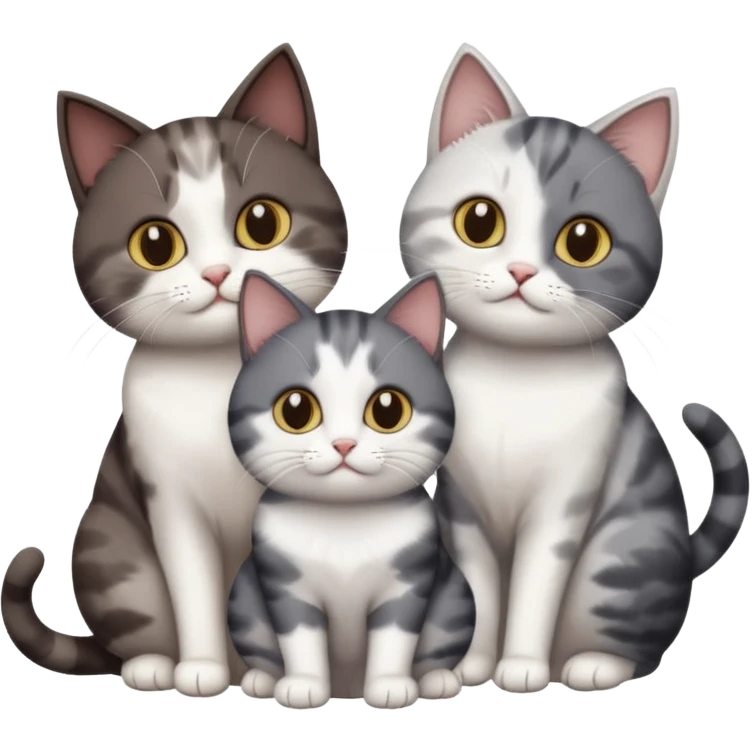 4 different coloured short haired cats including; a dark brown and white cat, and a dark grey and white  emoji