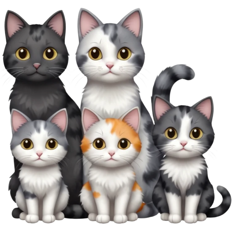 3 different coloured small cats including a dark grey and white, and a patchy calico and a completely solid dark grey with only white paws emoji
