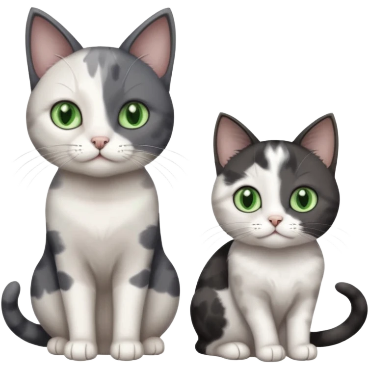 3 different coloured small cats including a dark grey and white, and a patchy calico and a completely solid dark grey with green eyes and only white paws emoji