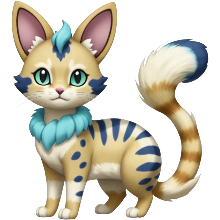 Cobalt-Blue green turquoise black white Purloin-Meowth-Meowstic-Minccino-Cinccino-serval-furret-Noibat-caracal-fusion-hybrid-creature (full body) emoji