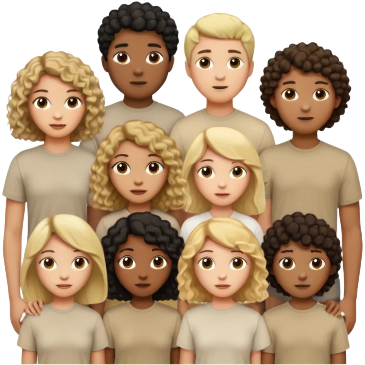 group of people  together ; men and women with one with brown straight hair one with blonde hair and one with black curly hair- short hair, long hair and curly hair wearing beige shirts aesthetic no collar, brown people, white people, black people emoji
