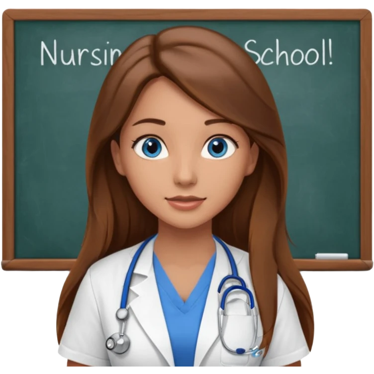 inside a classroom at university that says nursing school on the board with a pretty female nursing student with long brown hair, blue eyes emoji