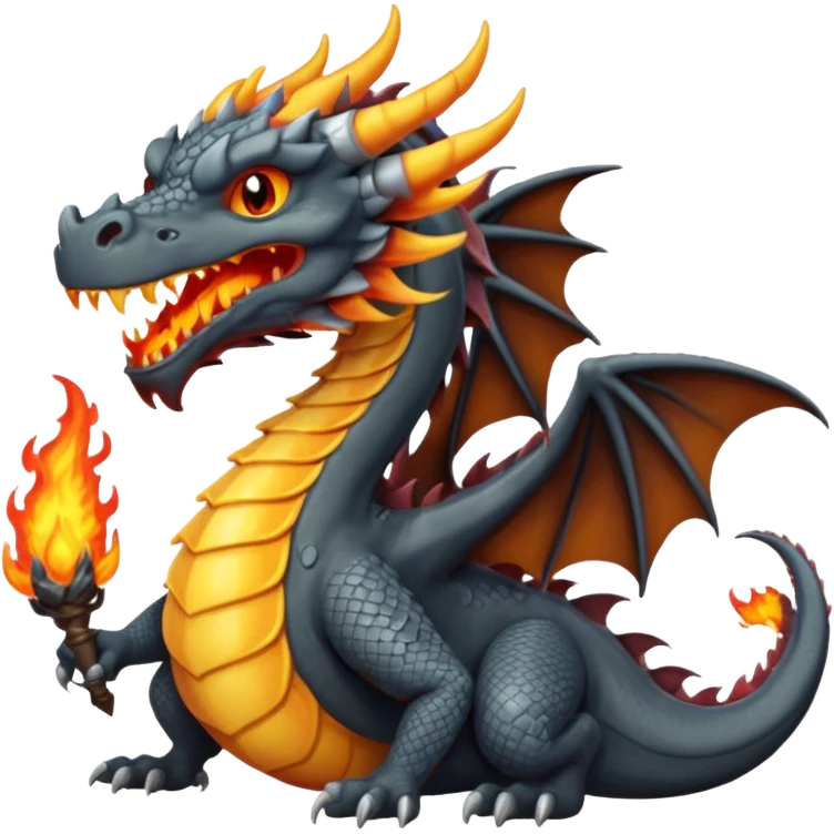 a dark gray dragon with 3 heads that breathes fire emoji