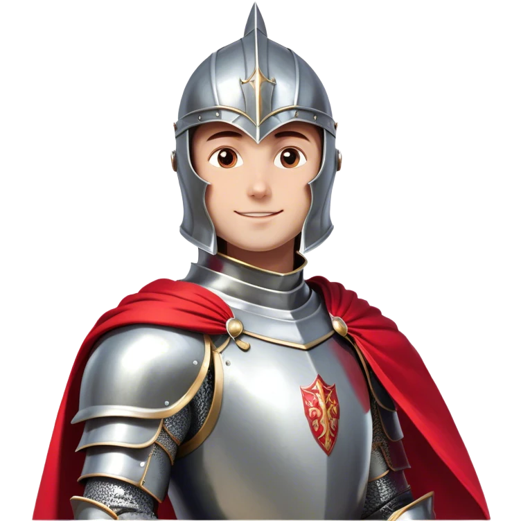 Create a side-view RPG character asset in a clean. The character is a brave knight with exaggerated, rounded features and minimal linework. They wear polished armor in silver tones, with a bright red cape flowing behind them. The face should have large, expressive eyes and a friendly smile that’s clearly visible even from the side view. Keep proportions simple and cartoony. The stance is slightly turned to emphasize the character’s side profile (facing right), with one hand on the hip and the other resting on a sheathed sword at the waist. The colors should be vibrant and easy to read, with smooth shading reminiscent of typical emoji designs. Include two variations: one idle pose and one simple walking pose, each capturing the playful, streamlined look of emoji-like characters. emoji