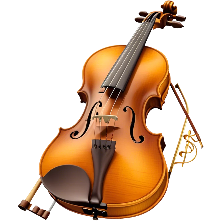 Create a sophisticated and detailed emoji representing the 'Macdonald' viola by Antonio Stradivari. The design should feature a beautifully crafted viola with visible fine details, including the scroll, f-holes, and rich wood texture. Add subtle elements like a bow resting on the strings and musical notes to evoke the instrument’s classical nature. Use rich, warm colors like golden brown, amber, and subtle hints of gold to reflect the luxury and craftsmanship of Stradivari's work. The background should be transparent. emoji