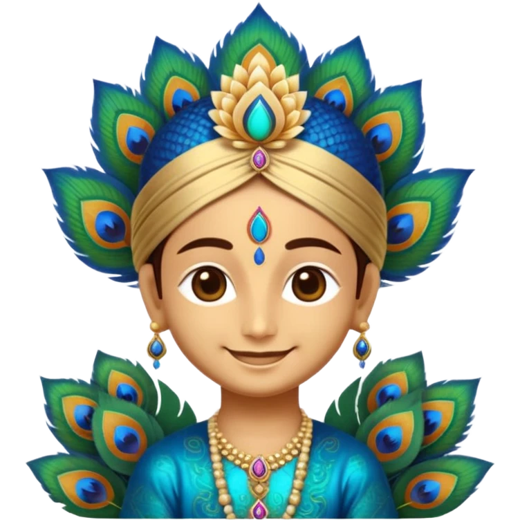 Create a cute and divine emoji of Khatu Shyam Ji with a charming smile, glowing aura around the head, traditional Rajasthani attire, peacock feather on the crown, tilak on the forehead, holding a lotus flower, with a soft golden background and spiritual energy radiating from the emoji face." emoji