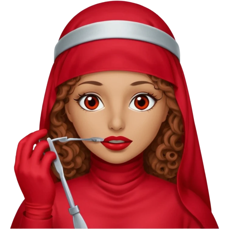 Lilith scalpel in hand, evil surgeon sexy surgeon clothes.  She has red eyes. She brown long curly hair. Wears sexy doctor outfit with red gloves. Covers mouth neck and nose with red burka to hide her identity emoji