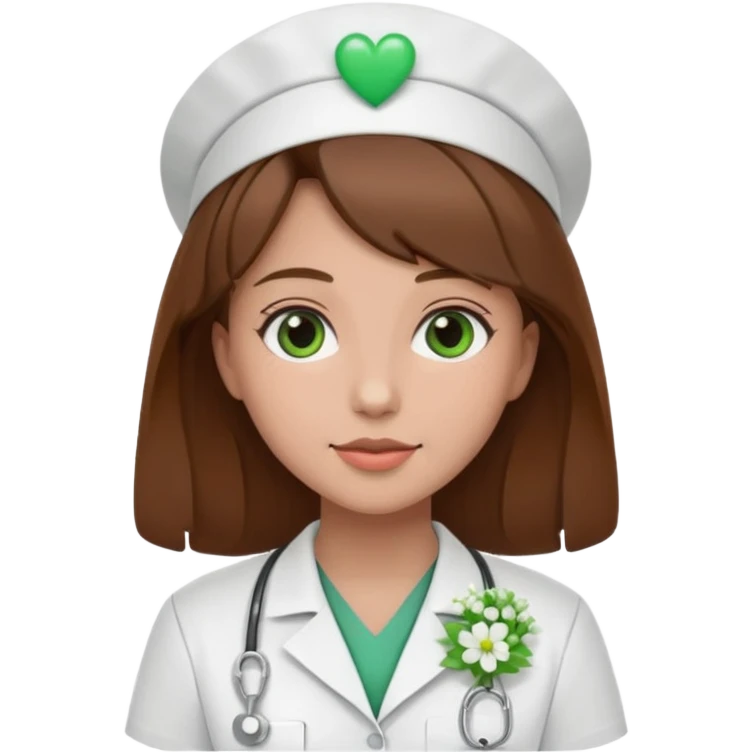 Brown hair Nurse with green heart and Gypsophila surround her head emoji