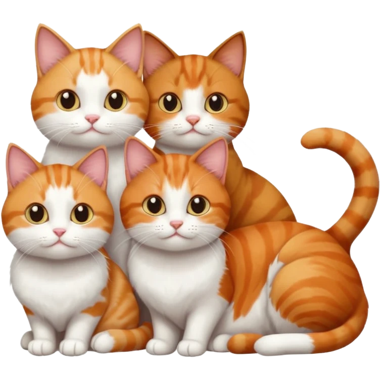 3 sibling cats all various different natural colours; 1 is ginger and white, the next is brown tabby and white and the third is a calico emoji
