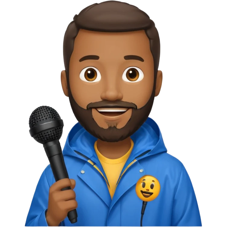 bearded black man with rain coat and microphone emoji