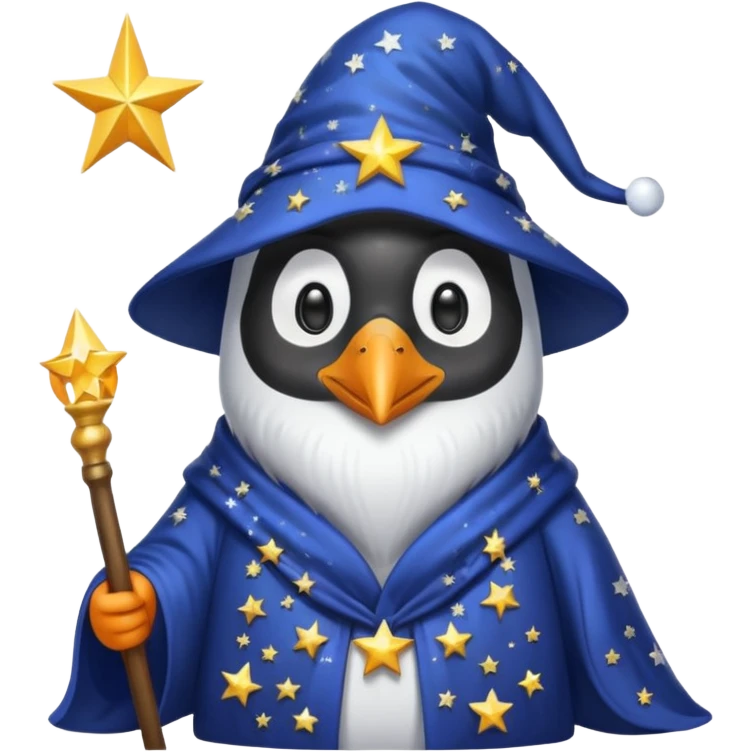 penguin wizard, with a long beard, starry robe emoji