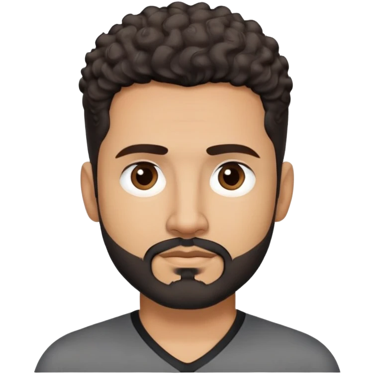 Latino man in his late 40s with light brown skin. Square face with defined jawline. Dark eyes with calm gaze. Short curly dark hair. Black goatee beard with some gray streaks. Wearing a black V-neck shirt. emoji