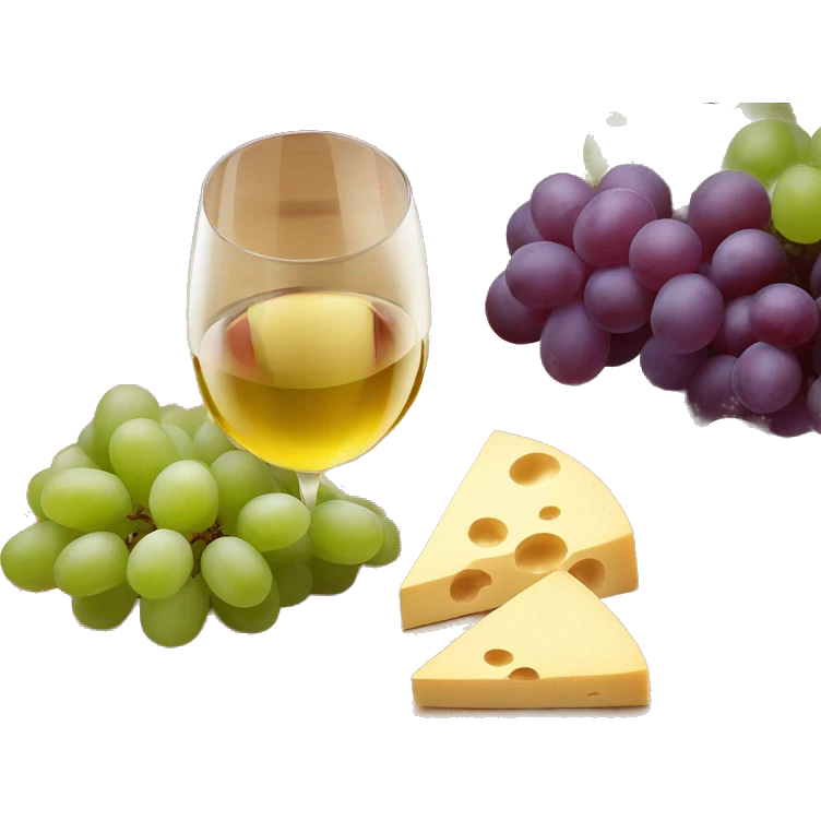 Wooden board with different kind of cheese, grapes and a glass of white wine emoji