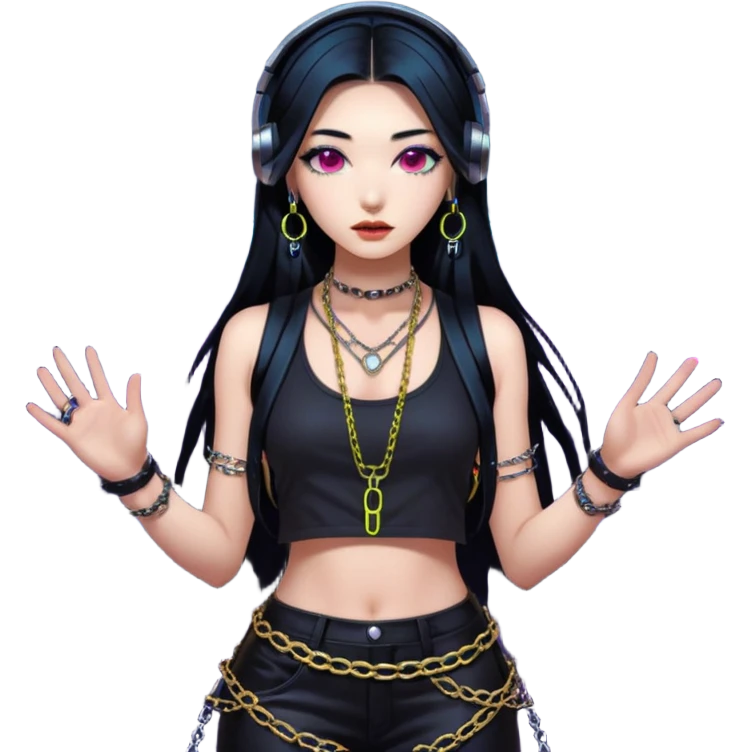  korean-techno-dj-girl,-wearing-a-stylish-edgy-outfit-with-metallic-chains,-long-black-hair,-performing-in-a-neon-lit-underground-club,-cyberpunk-aesthetic,-high-detail-3d-emoji-style,-energetic-and emoji