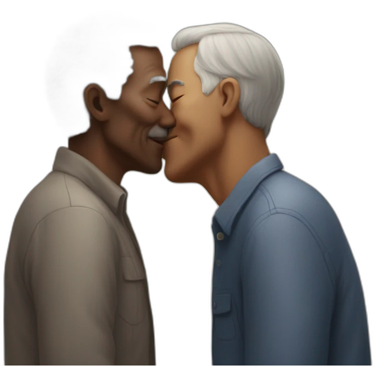 Older Man kissing different race older man emoji