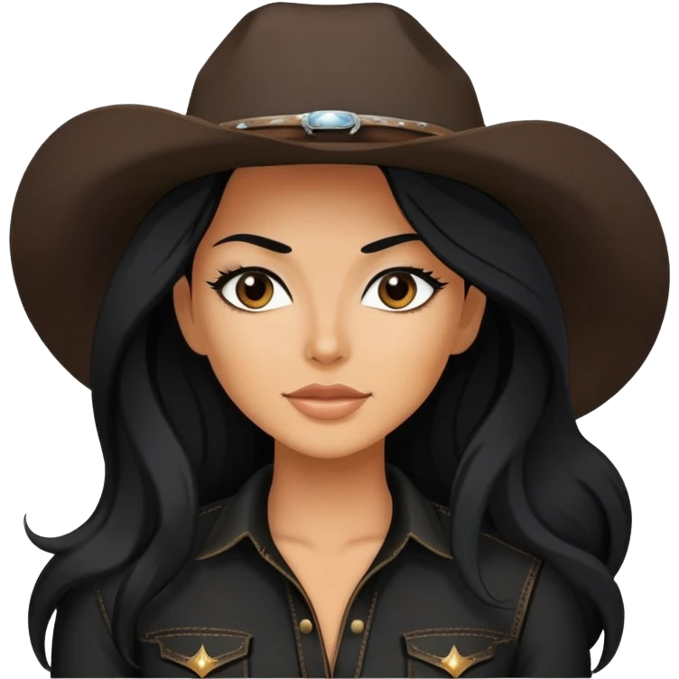 hot tanned woman with long black hair cowgirl style wearing black outfit emoji